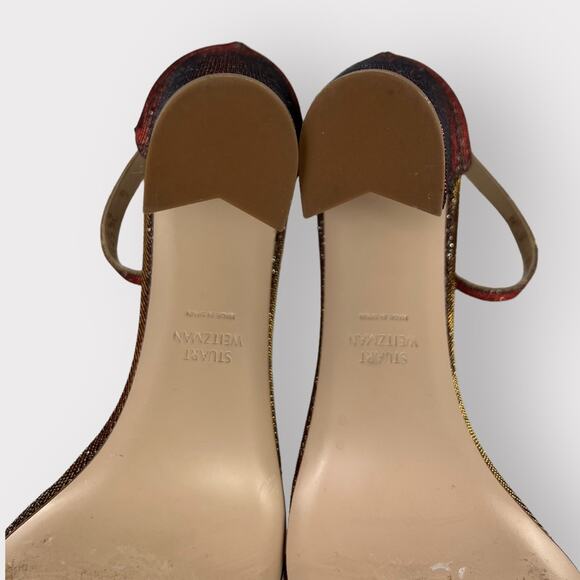 Stuart Weitzman Nearlynude Block-Heel Glitter Fabric Sandals 5.5 - Picture 9 of 11